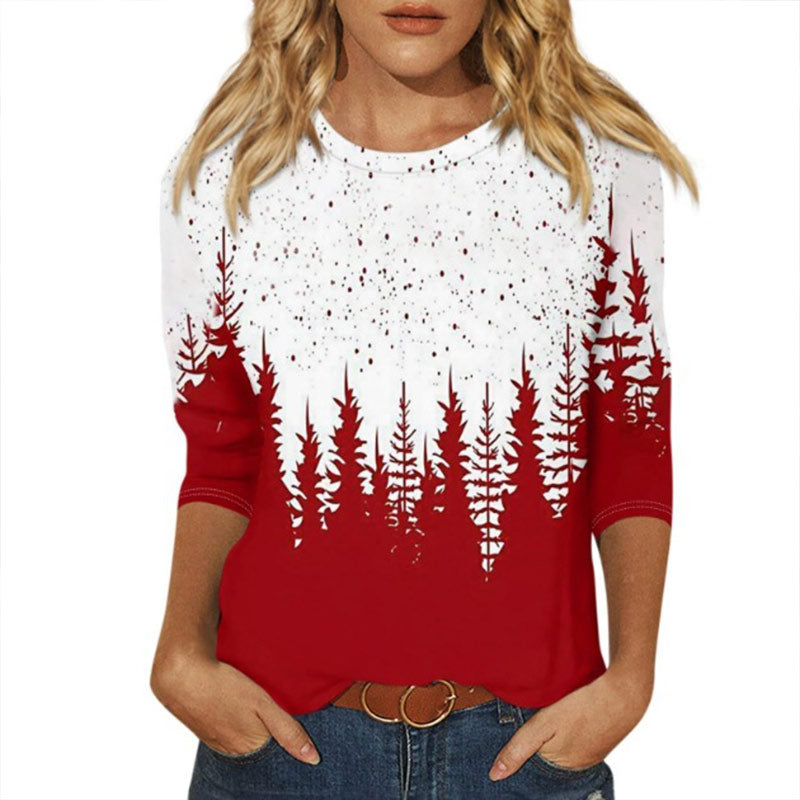 Damen Rot Weiß Schneeflocken-Weihnachtsbaum-Print Locker geschnittenes T-Shirt für die Winterferien