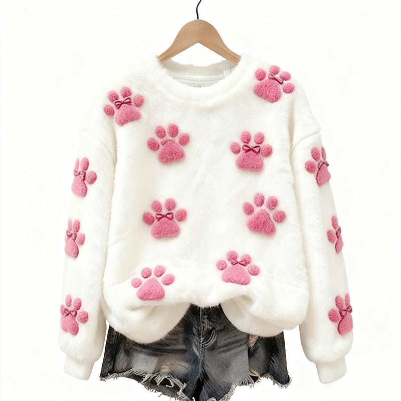 Damen Weißer Flanell Sweatshirt mit Katzenpfoten｜Weiches Warmes Winter Rundhals Oberteil Sise to 5XL