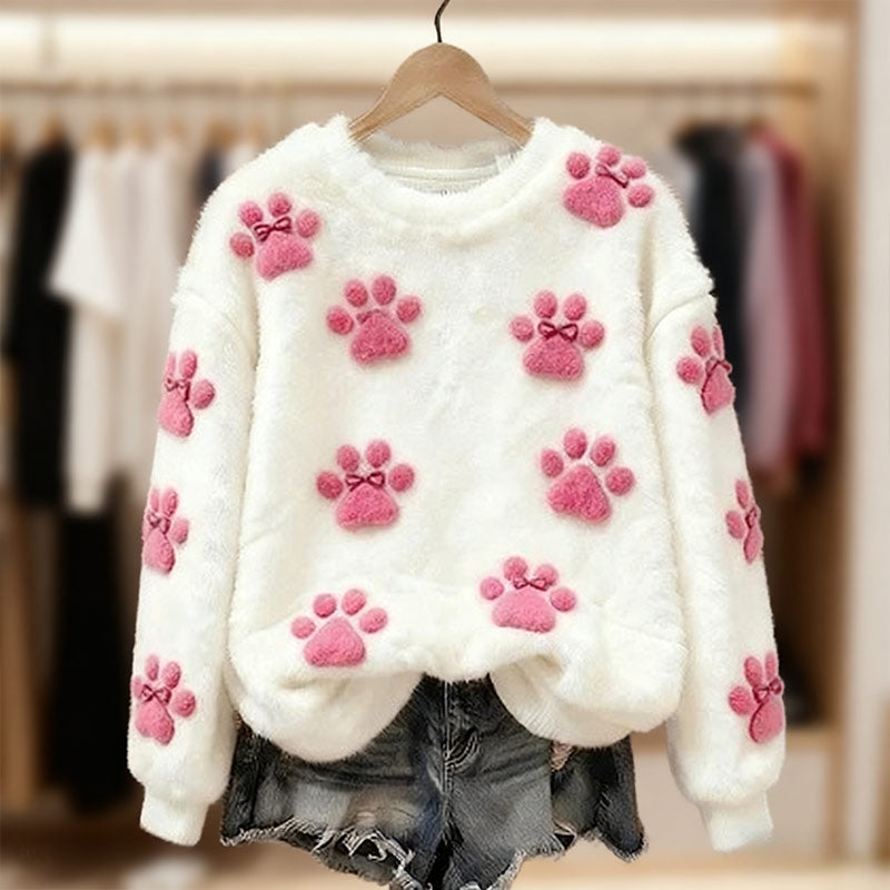 Damen Weißer Flanell Sweatshirt mit Katzenpfoten｜Weiches Warmes Winter Rundhals Oberteil Sise to 5XL