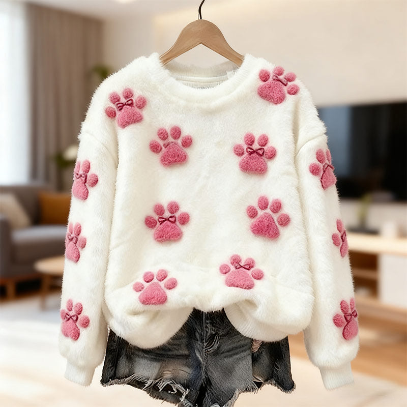Damen Weißer Flanell Sweatshirt mit Katzenpfoten｜Weiches Warmes Winter Rundhals Oberteil Sise to 5XL