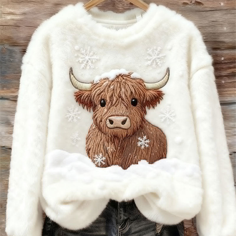 Damen Weißer Highland Cow Snow bestickter kuscheliger Winter-Plüsch-Sweatshirt