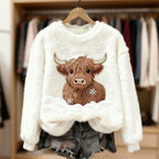 3D-Druck Damen Weißer Highland Cow Snow bestickter kuscheliger Winter-Plüsch-Sweatshirt Size S-5XL