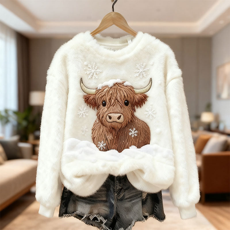 Damen Weißer Highland Cow Snow bestickter kuscheliger Winter-Plüsch-Sweatshirt