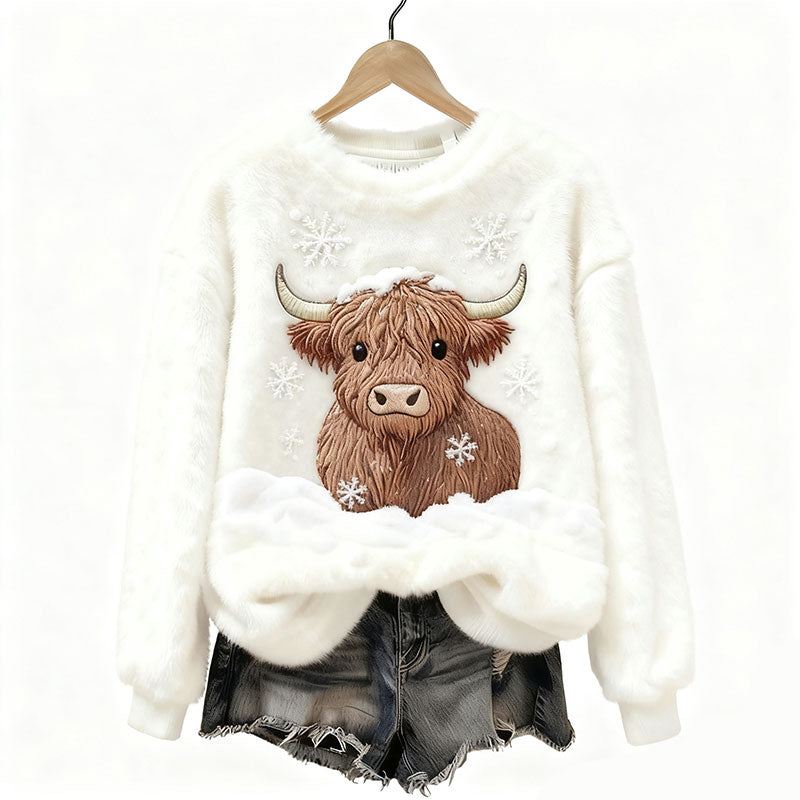 Damen Weißer Highland Cow Snow bestickter kuscheliger Winter-Plüsch-Sweatshirt