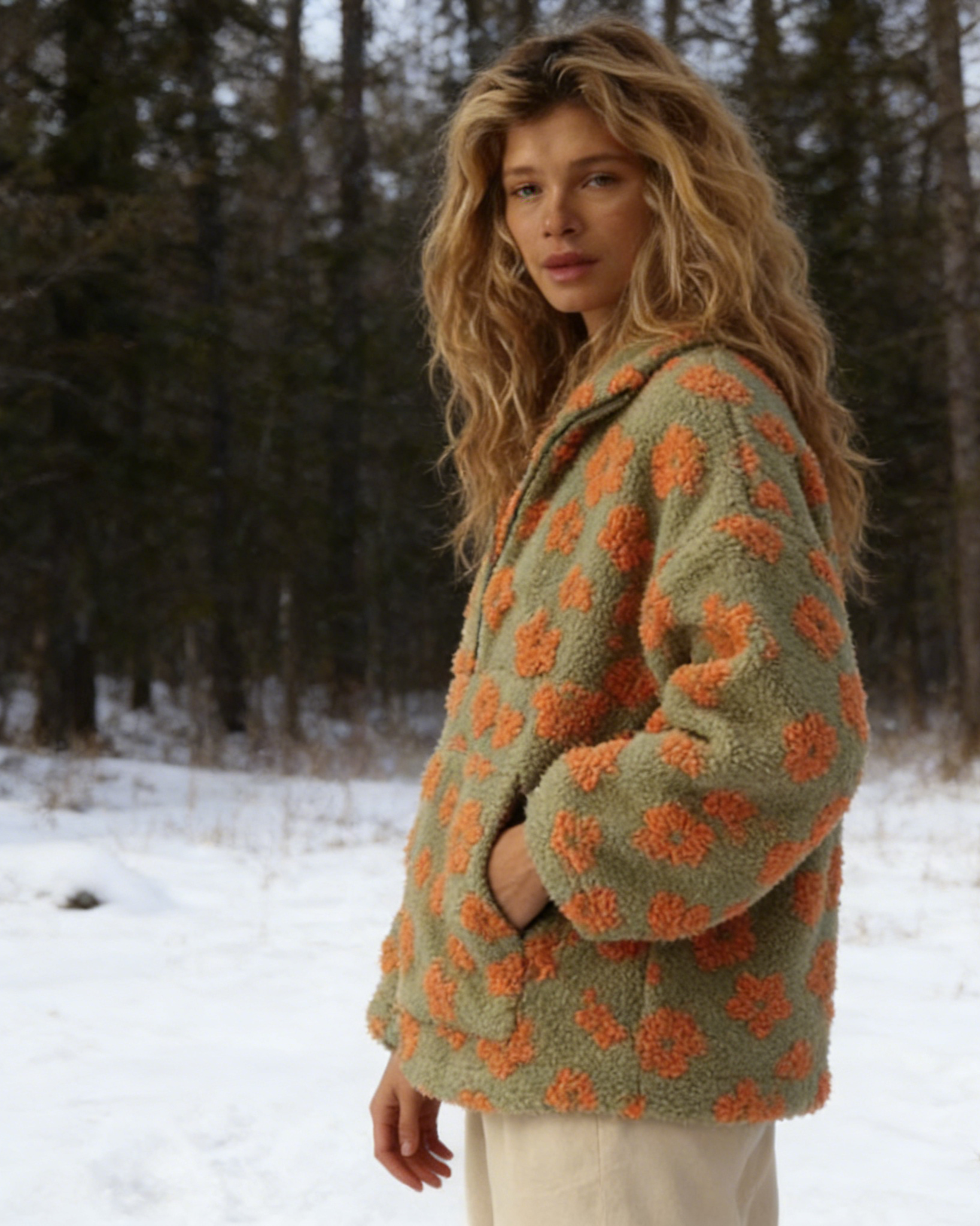 Damen Teddy Fleece Half Zip mit Blumen Print Nachhaltiger Oversize Sweatshirts Größe S-2XL