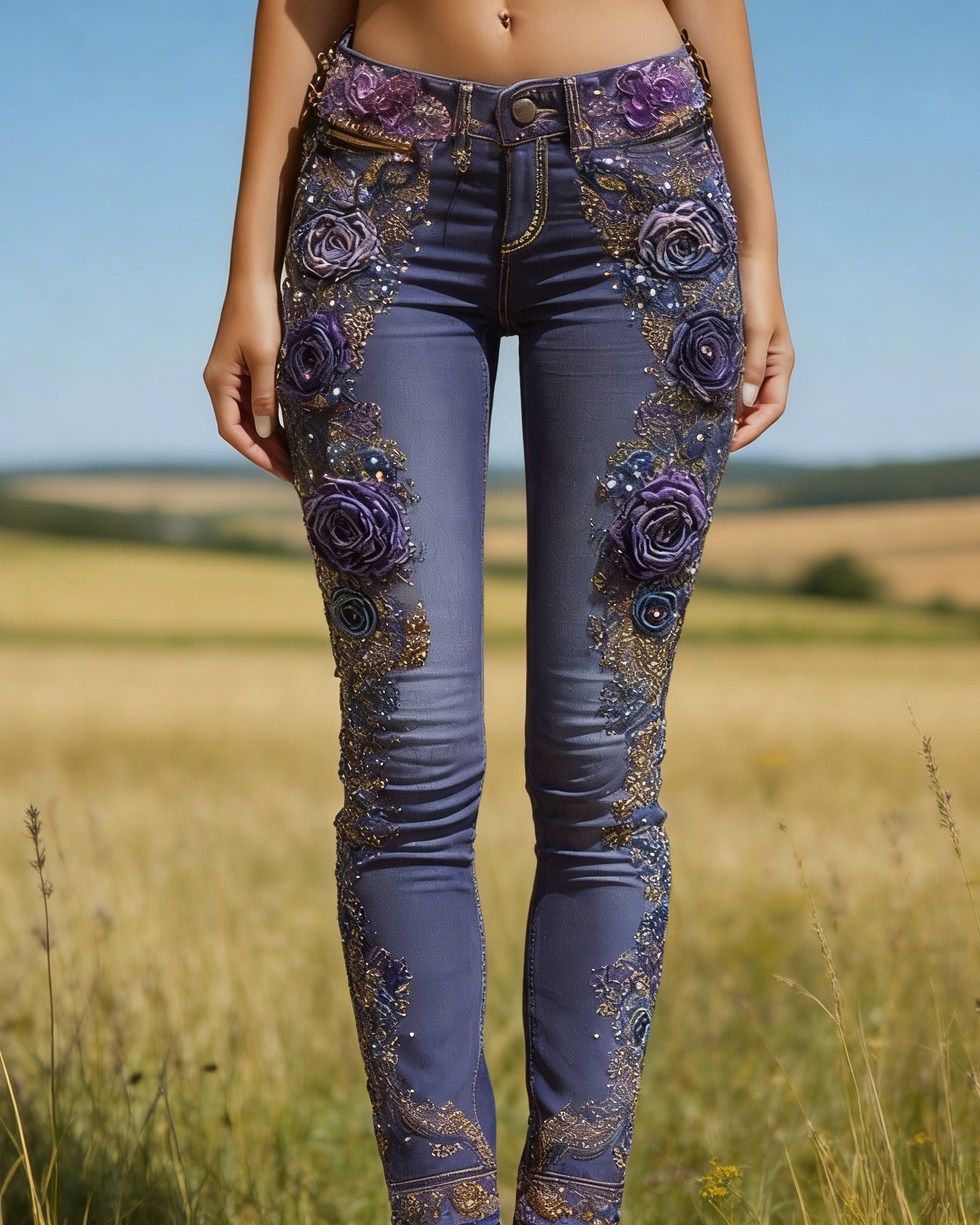 Skinny Jeans Mittelblau: 3D-Druck Weiße Rosen, Stickerei-Optik, Shaping S-5XL