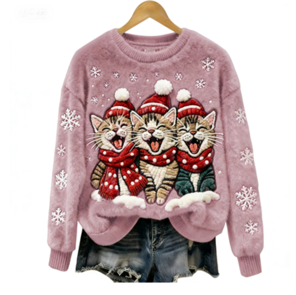 Christmas Cats Damen Gemütlicher Weihnachts-Katzen Flauschpullover Sise to 5XL