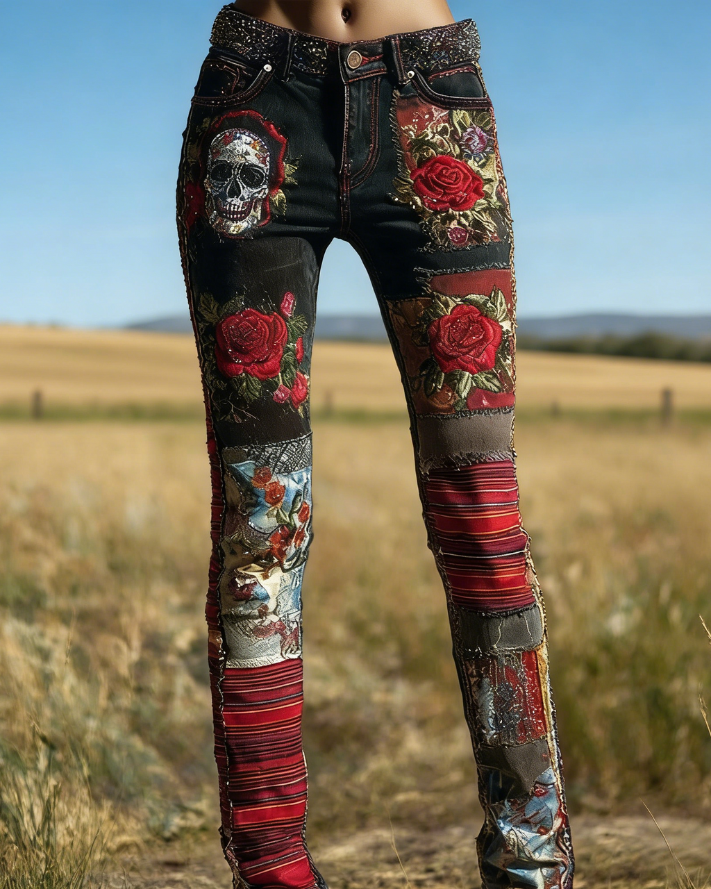 Damen Stretch Jeans Blau: 3D-Druck Rosa Rosen, Stickerei-Optik, Slim Fit Hose S-5XL