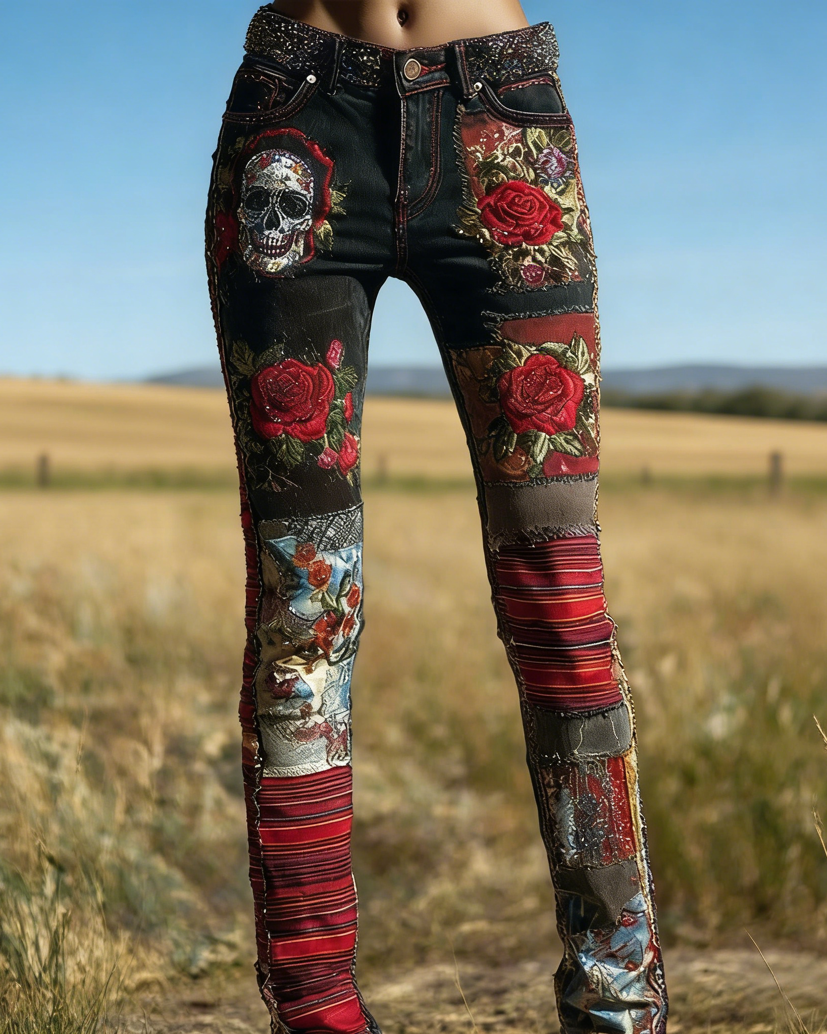 Damen Stretch Jeans Blau: 3D-Druck Rosa Rosen, Stickerei-Optik, Slim Fit Hose S-5XL