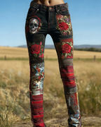 Damen Stretch Jeans Blau: 3D-Druck Rosa Rosen, Stickerei-Optik, Slim Fit Hose S-5XL