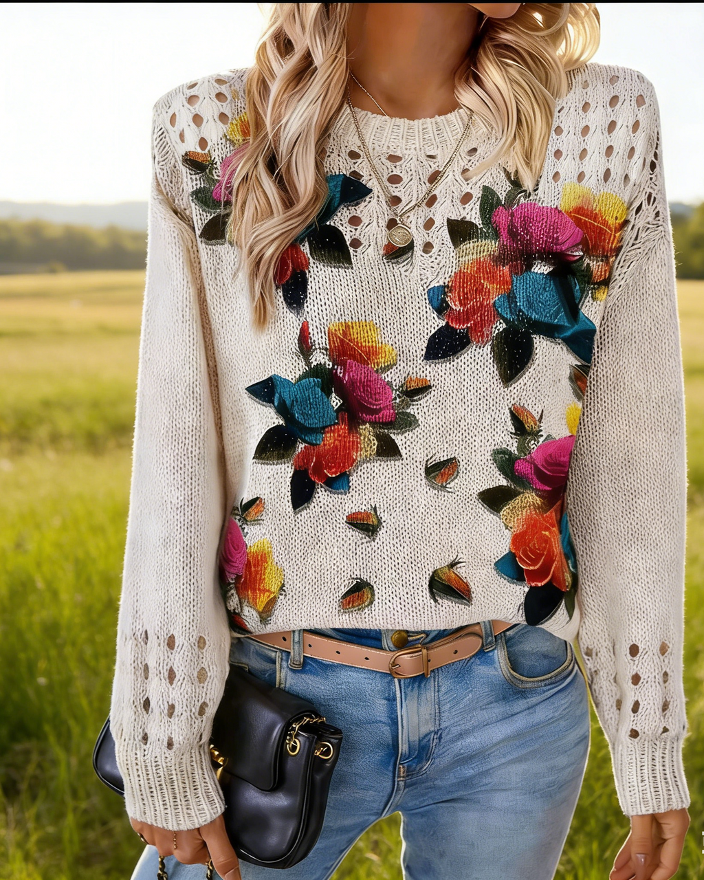 Damen Strickpullover Beige: Bunter Blumen-Print mit Ajour-Strick, Elegantes Lochmuster Oberteil für Frühling, Herbst & Winter S-4XL