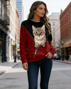 3D-Druck Damen Sweatshirt Kontrastfarben: Süße Katze Design, Schwarz-Rot, mit Reißverschluss, Leichtes Langarmshirt S-5XL