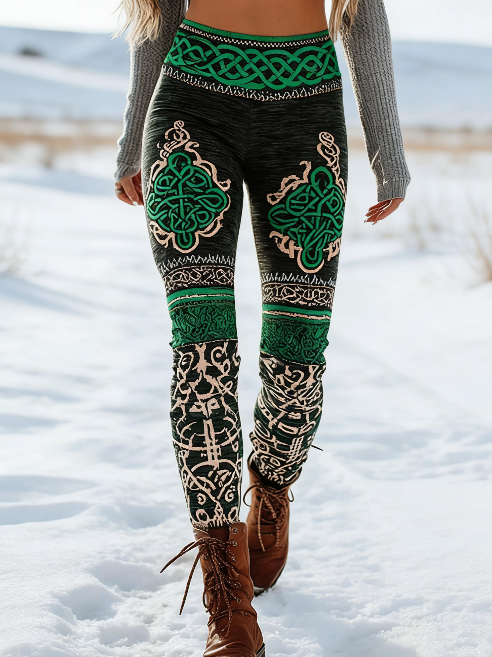 Viking Leggings Schwarz: 3D-Druck Keltisch, Vintage Muster, Shaping, Bund S-5XL