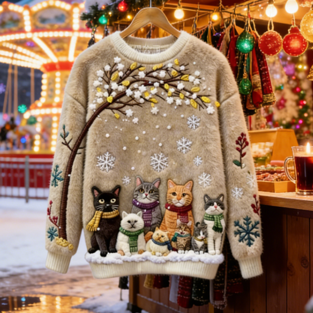 Christmas Cats Stickerei Damen Gemütlicher Weihnachts-Katzen Flauschpullover Sise to 5XL/Beige