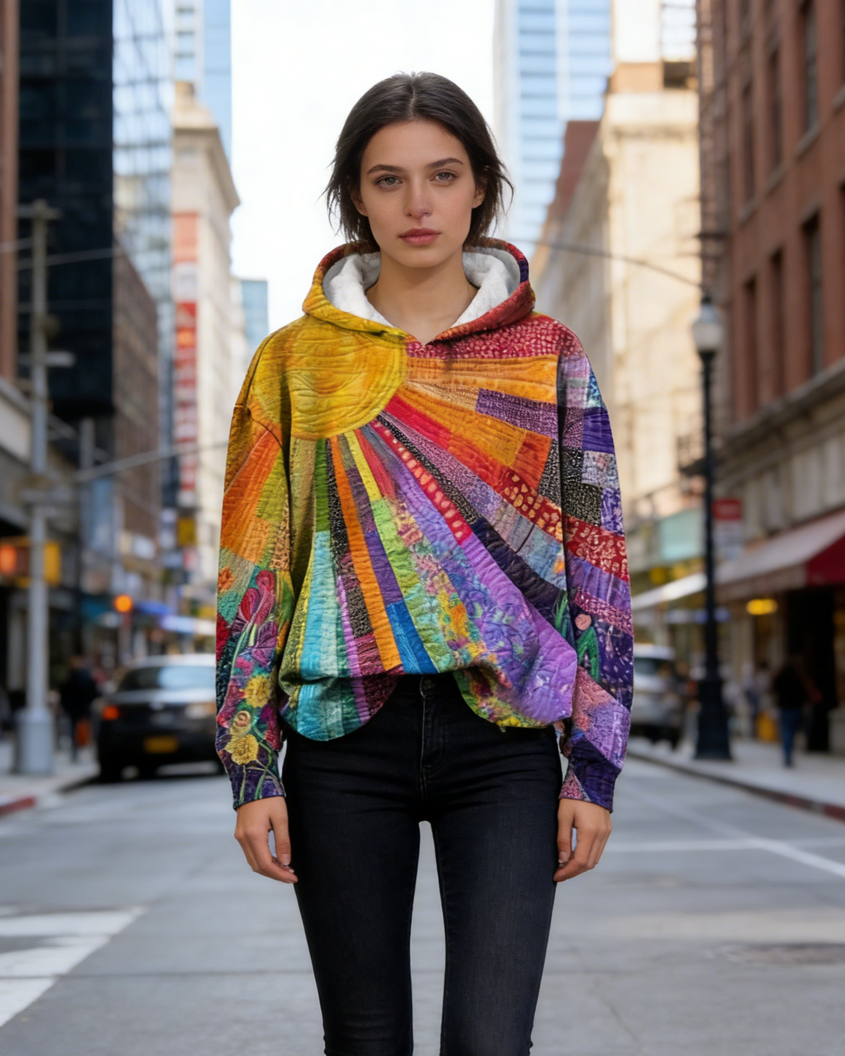 Art Hoodie Damen Bunt: 3D-Druck Patchwork-Optik, Sonne & Blumen, Boho Pullover Größe S-5XL