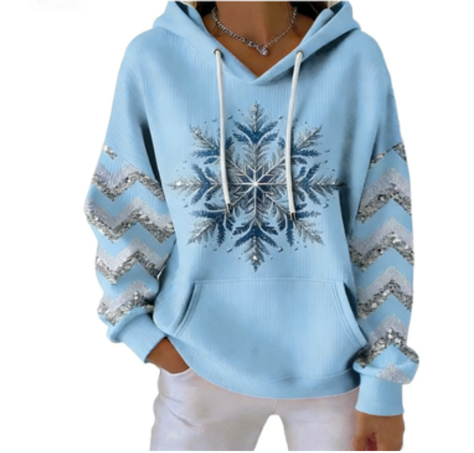 Damen Christmas Schneeflocken-Print Freizeit Kapuzenpullover Sise to 5XL/Blue