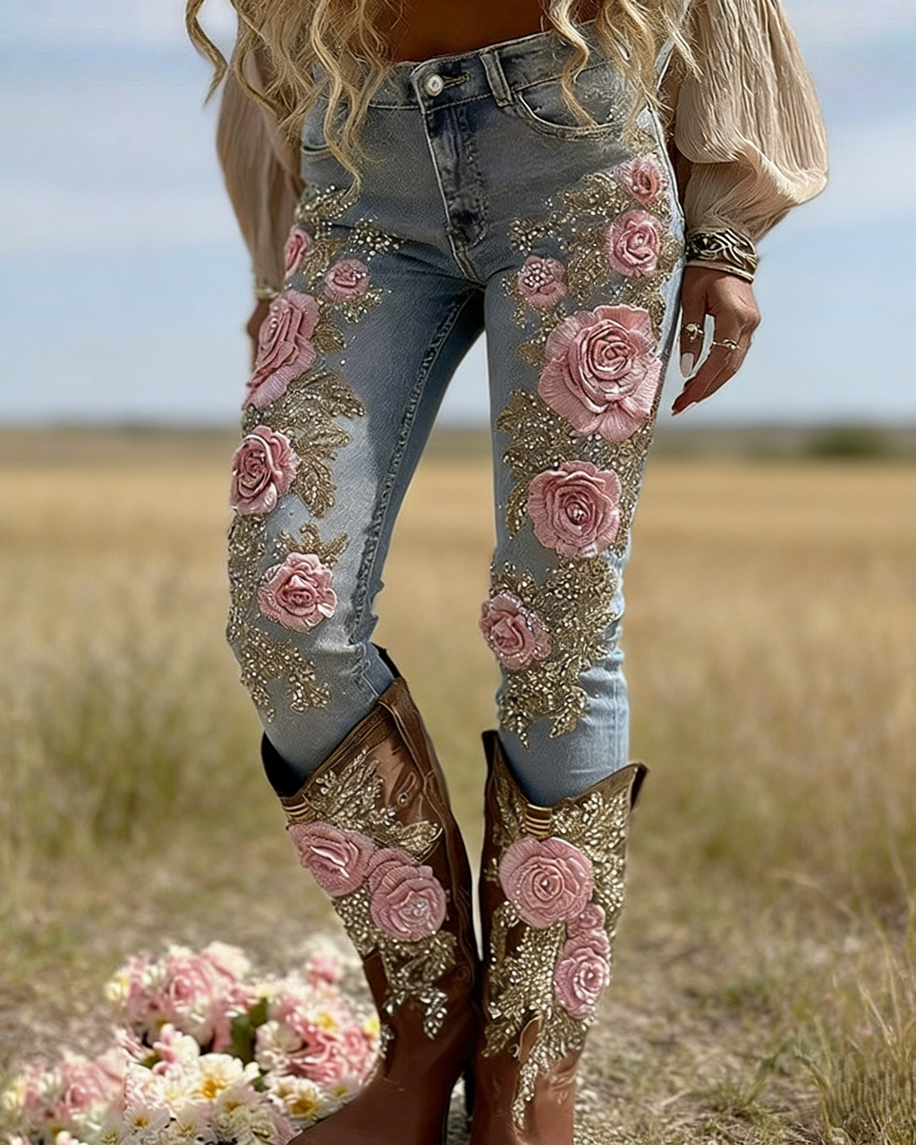 Skinny Jeans Hellblau: 3D-Druck Rosen-Stickerei Optik, Shaping, Denim-Look S-5XL