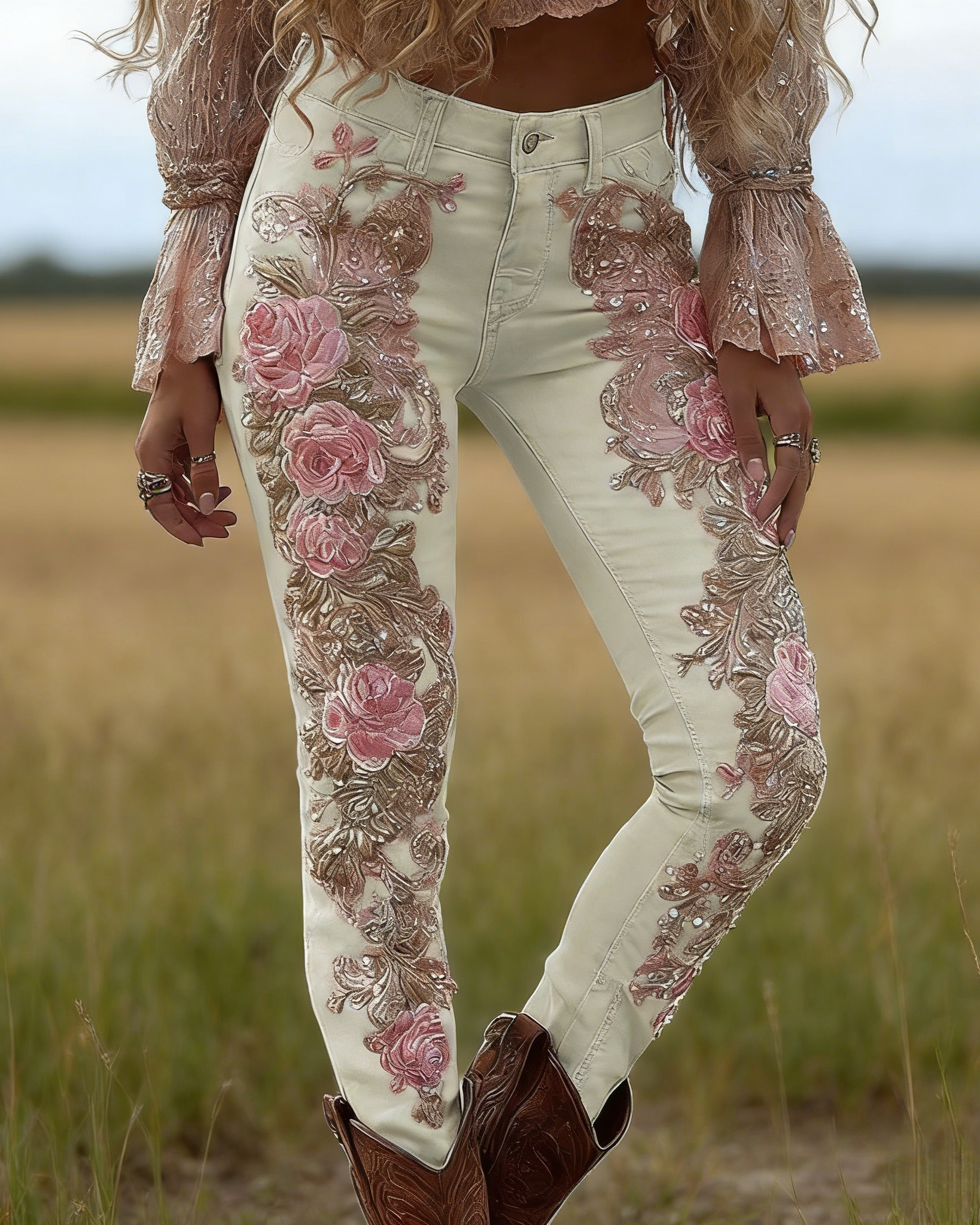 Skinny Jeans Cremeweiß: 3D-Druck Rosen-Stickerei Optik, Shaping, Denim-Style S-5XL