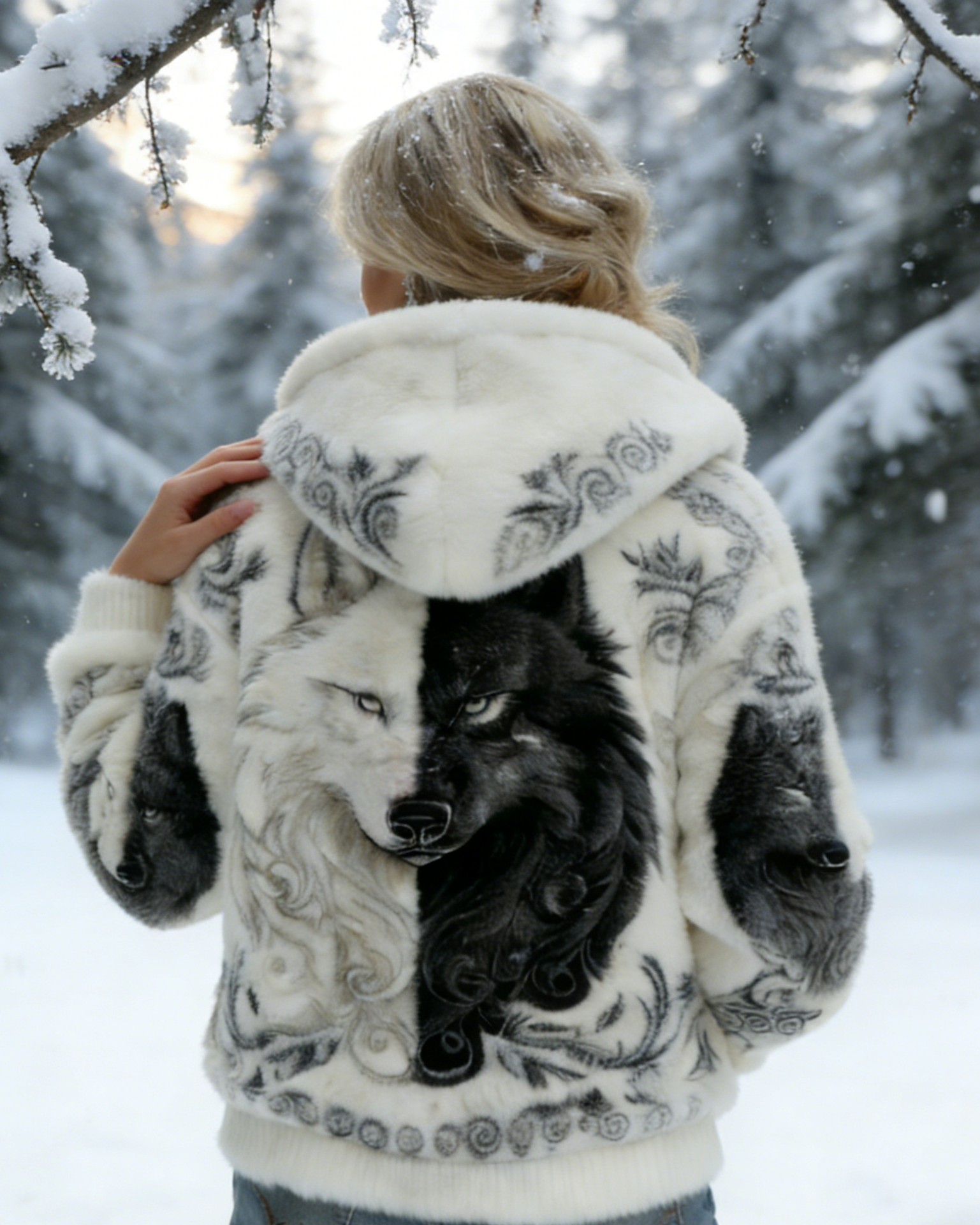 3D-Druck Damen Wikinger Flanell Kapuzenpullover – Engel Wolf & Keltischer Knoten, Kontrast Vintage Size S-5XL