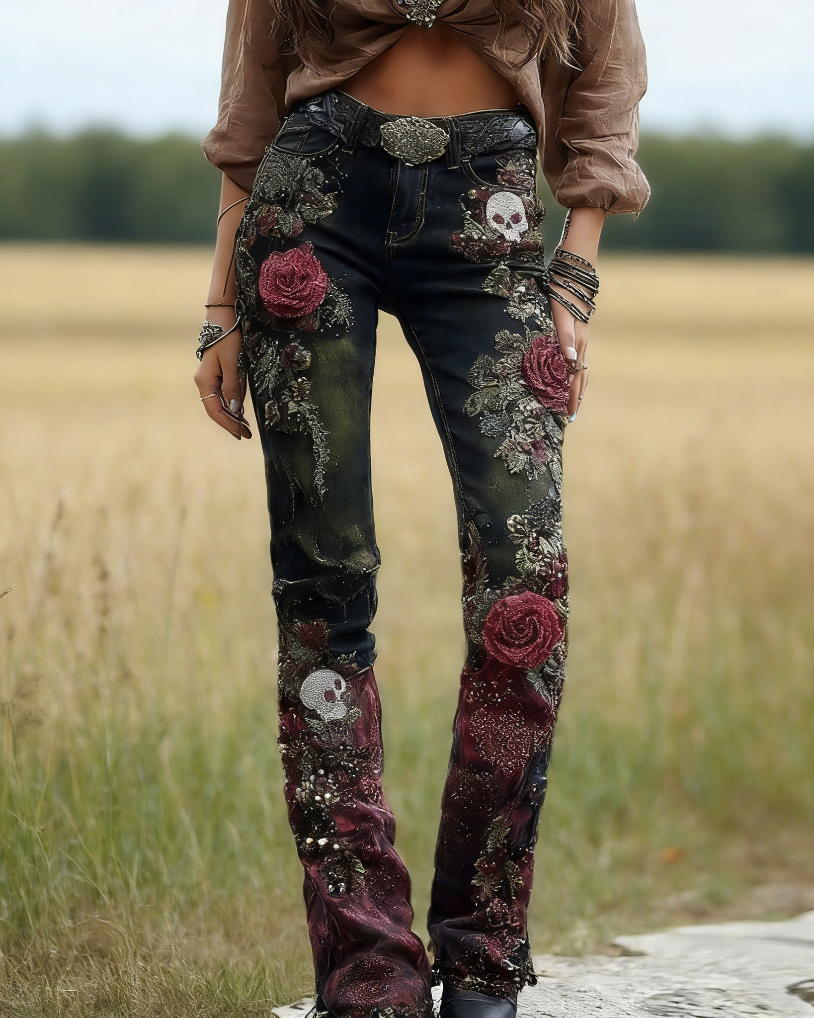 Damen Skinny Jeans Hellrosa: 3D-Druck Romantische Rosen, Stickerei-Optik, Shaping S-5XL