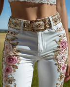 Skinny Jeans Weiß: 3D-Druck Rosen-Stickerei Optik, Shaping, Romantischer Look S-5XL