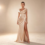 Drapiertes Satin Maxikleid Champagner | Festliche Einteilige Robe Bodenlang