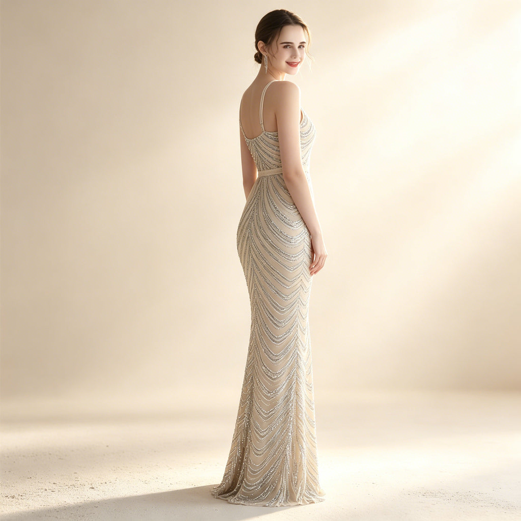 Elegantes Neckholder Abendkleid mit Pailletten – Figurbetontes Maxikleid im Meerjungfrau-Stil