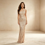 One-Shoulder Pailletten Abendkleid mit Fransen – Elegantes Champagner Maxikleid
