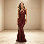 One-Shoulder Pailletten Abendkleid mit Fransen – Elegantes Weinrotes Maxikleid
