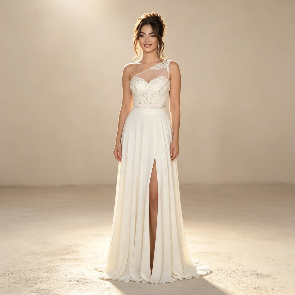 Asymmetrisches Abendkleid mit Spitze | Cremeweißes One-Shoulder Kleid mit Beinschlitz