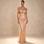 Glamouröses Pailletten Abendkleid | Off-Shoulder Maxikleid in Roségold