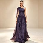 Elegant Abendkleid in Dunkellila – Funkelndes Maxi-Design mit Plissee & One-Shoulder-Schnitt