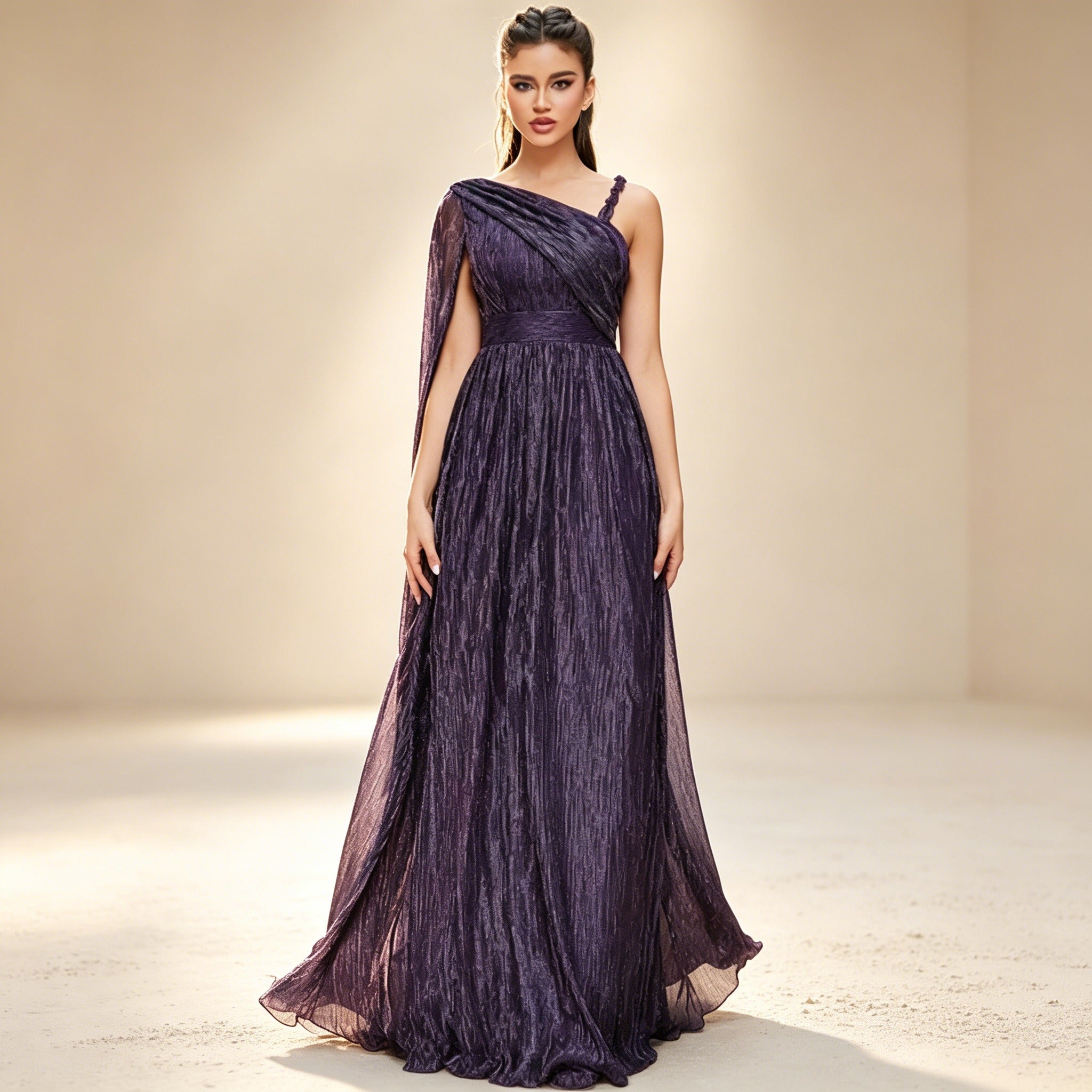 Elegant Abendkleid in Dunkellila – Funkelndes Maxi-Design mit Plissee & One-Shoulder-Schnitt