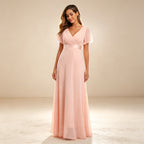 Elegantes Chiffon Abendkleid in Rosa – Maxikleid mit Flatterärmeln und V-Ausschnitt