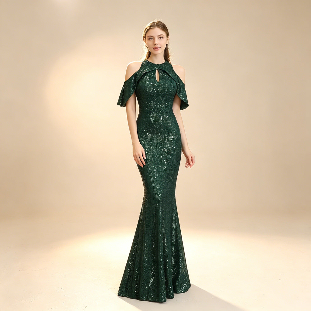 Funkelndes Pailletten Abendkleid mit Cold-Shoulder – Elegantes Neckholder Maxikleid