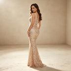 One-Shoulder Pailletten Abendkleid mit Fransen – Elegantes Champagner Maxikleid