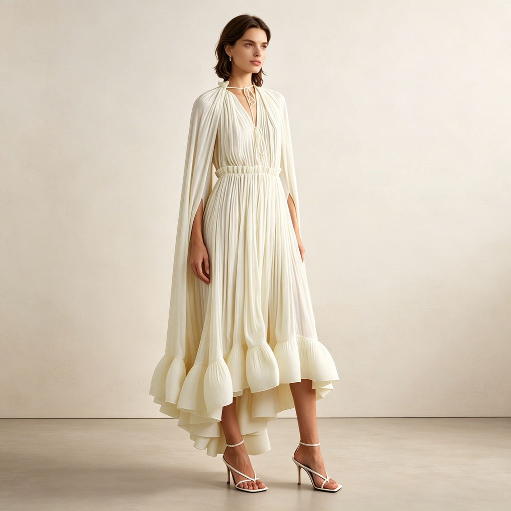 Elegantes Plissee Abendkleid Creme | Maxikleid mit Cape-Ärmeln