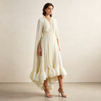 Elegantes Plissee Abendkleid Creme | Maxikleid mit Cape-Ärmeln