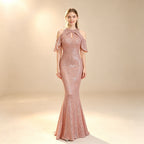 Funkelndes Pailletten Abendkleid mit Cold-Shoulder – Elegantes Neckholder Maxikleid