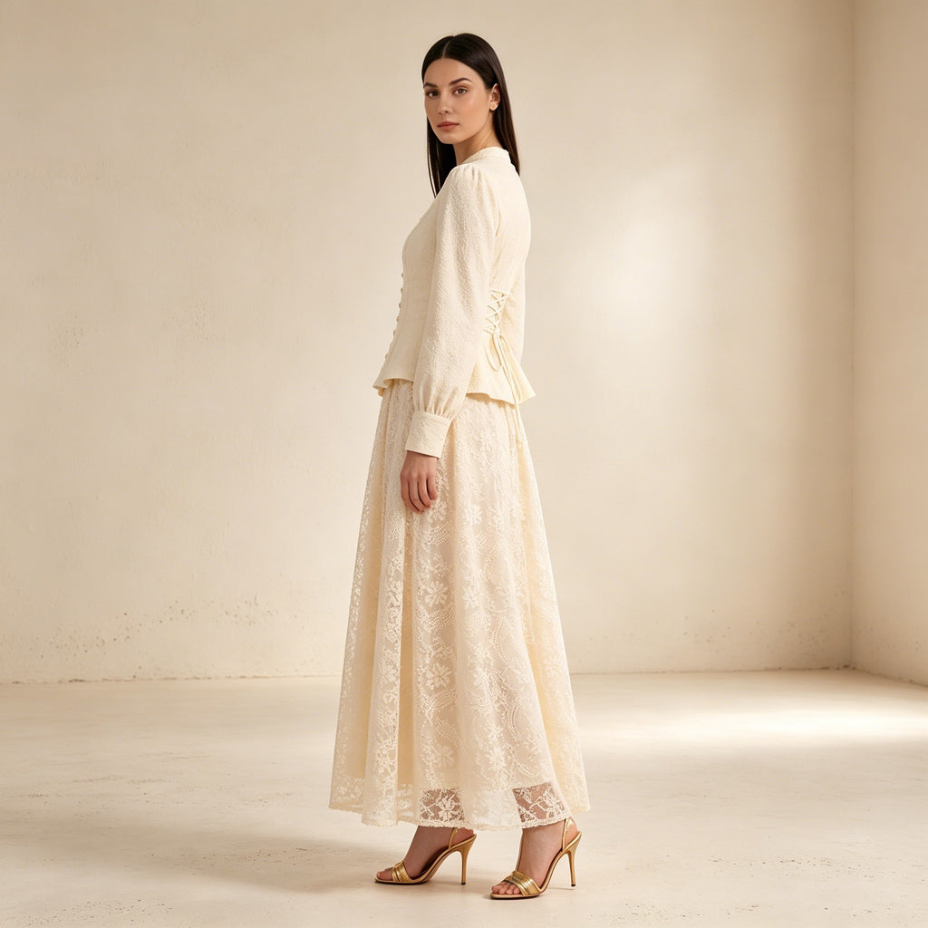 Elegantes Spitzen-Zweiteiler Creme | Festliches Set mit Rock und Blazer