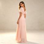 Elegantes Chiffon Abendkleid in Rosa – Maxikleid mit Flatterärmeln und V-Ausschnitt