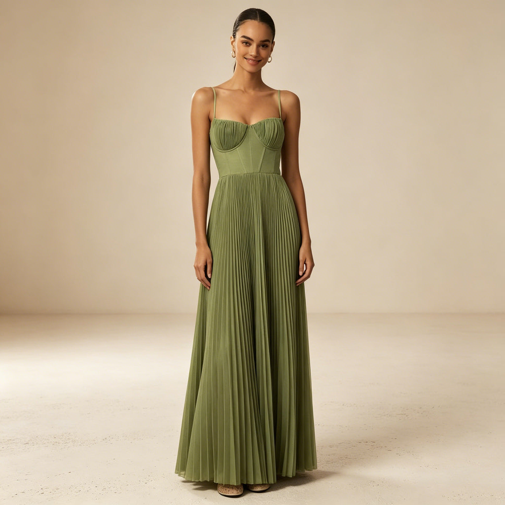 Salbeigrün Festliches Maxikleid - Ärmelloses Cocktailkleid mit Faltenrock