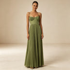 Salbeigrün Festliches Maxikleid - Ärmelloses Cocktailkleid mit Faltenrock