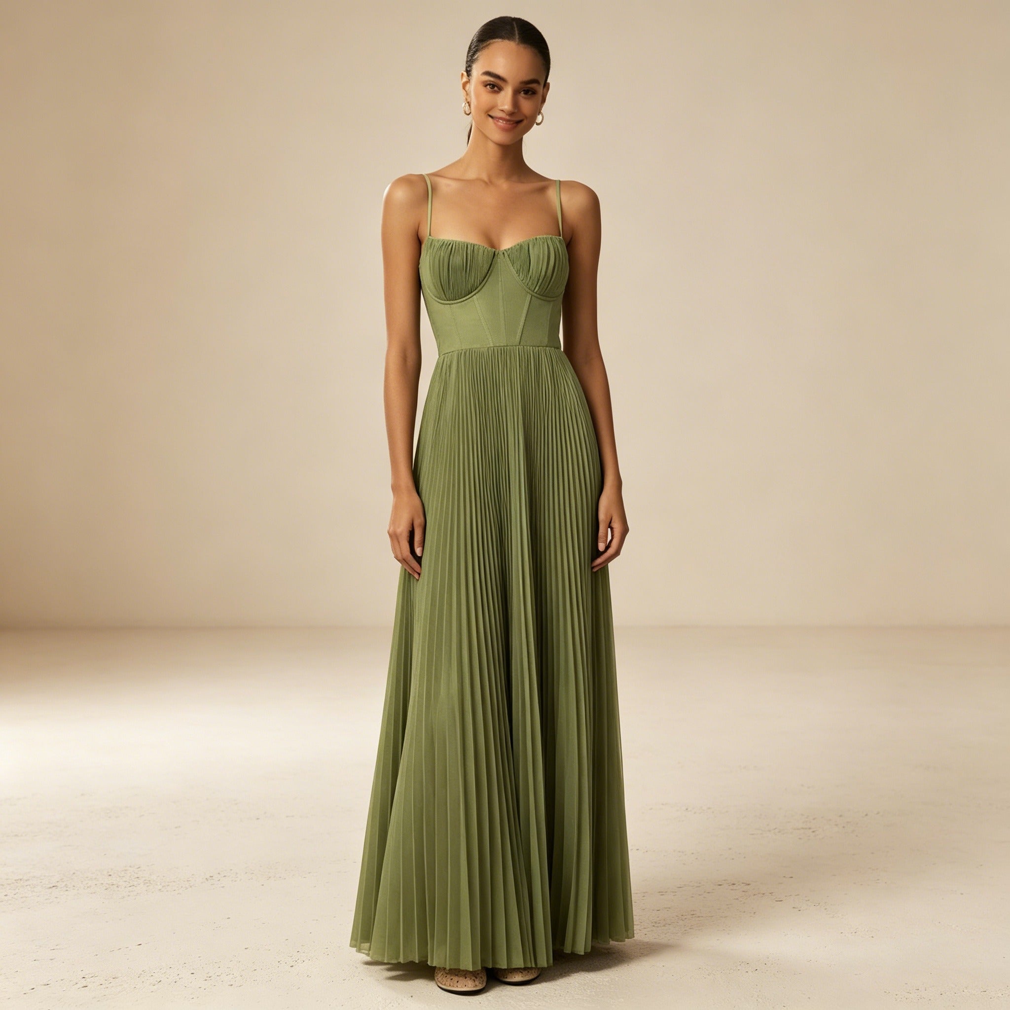 Salbeigrün Festliches Maxikleid - Ärmelloses Cocktailkleid mit Faltenrock