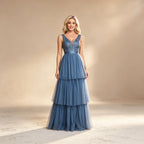 Festliches Abiballkleid in Staubblau - Ärmelloses Ballkleid aus Tüll