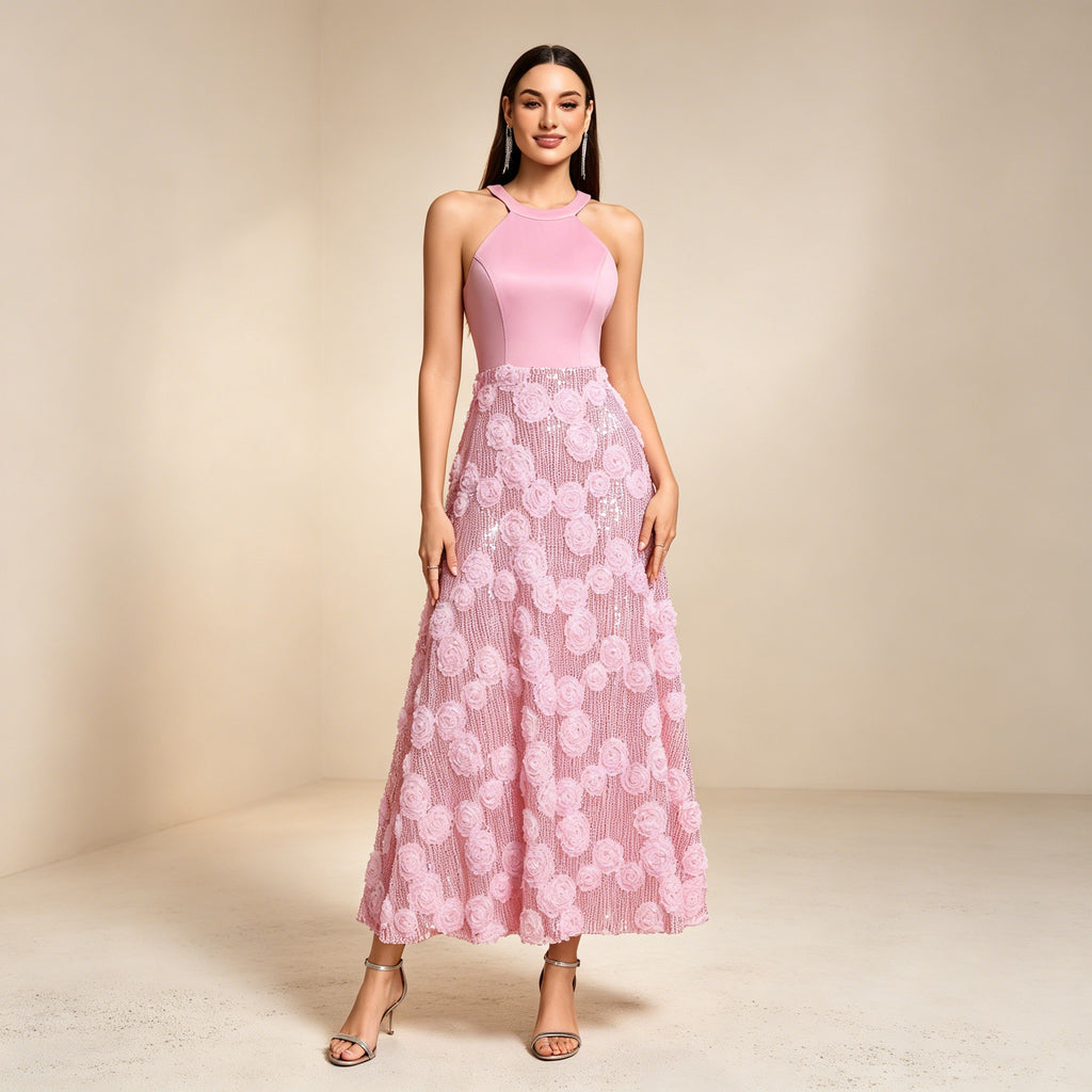 Elegantes Halterneck Abendkleid mit 3D-Rosen und Paillettenrock