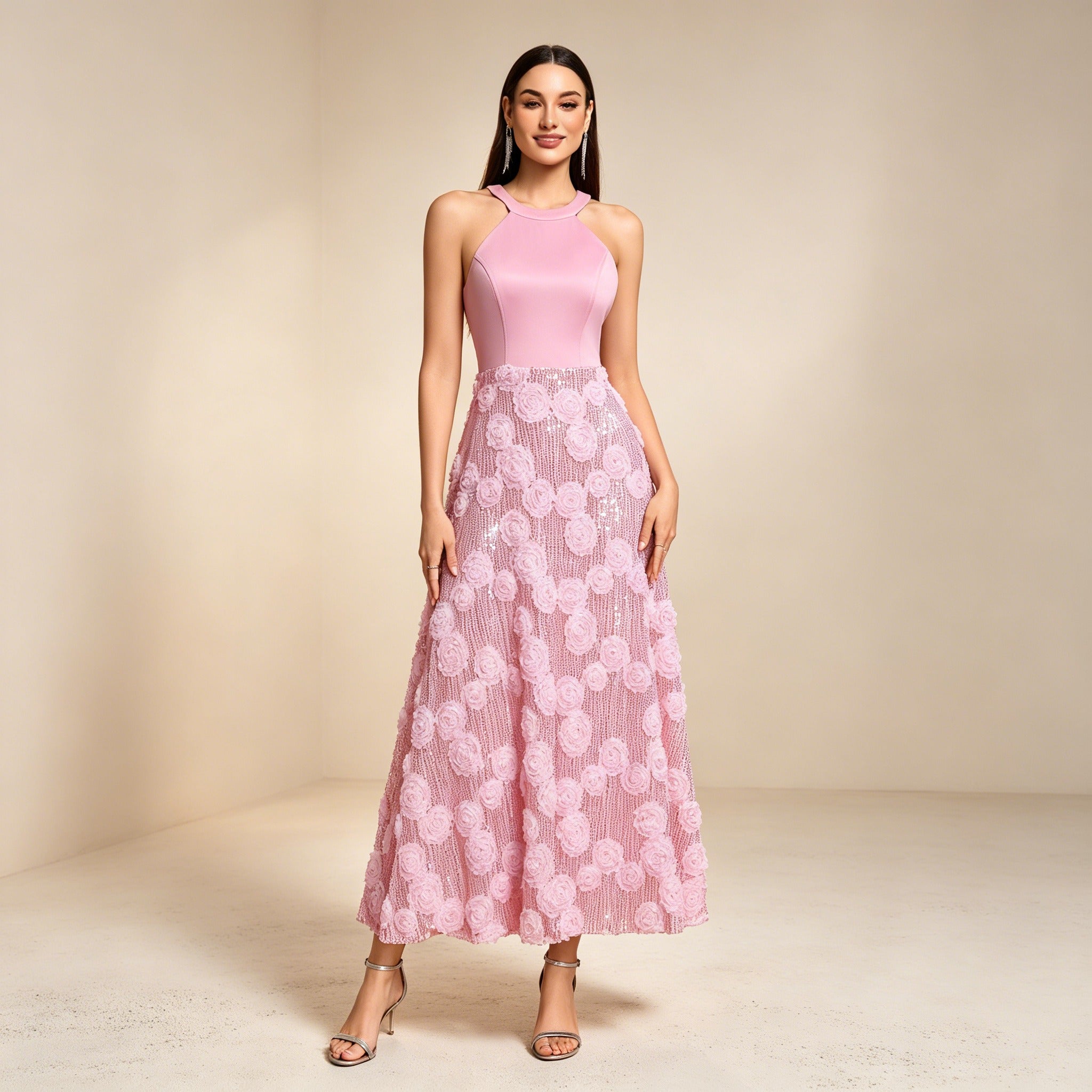 Elegantes Halterneck Abendkleid mit 3D-Rosen und Paillettenrock