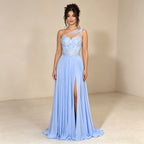 Asymmetrisches Abendkleid mit Strass | Hellblaues One-Shoulder Kleid mit Beinschlitz