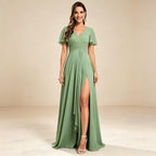 Elegantes Chiffon Abendkleid Salbeigrün | Maxikleid mit Beinschlitz