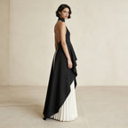 Neckholder Abendkleid in Schwarz-Weiß – Elegantes Maxikleid mit Asymmetrischem Layering